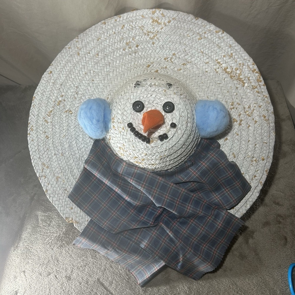 Vintage Snowman Straw Hat Christmas Holiday Novelty Wide Brim Handmade